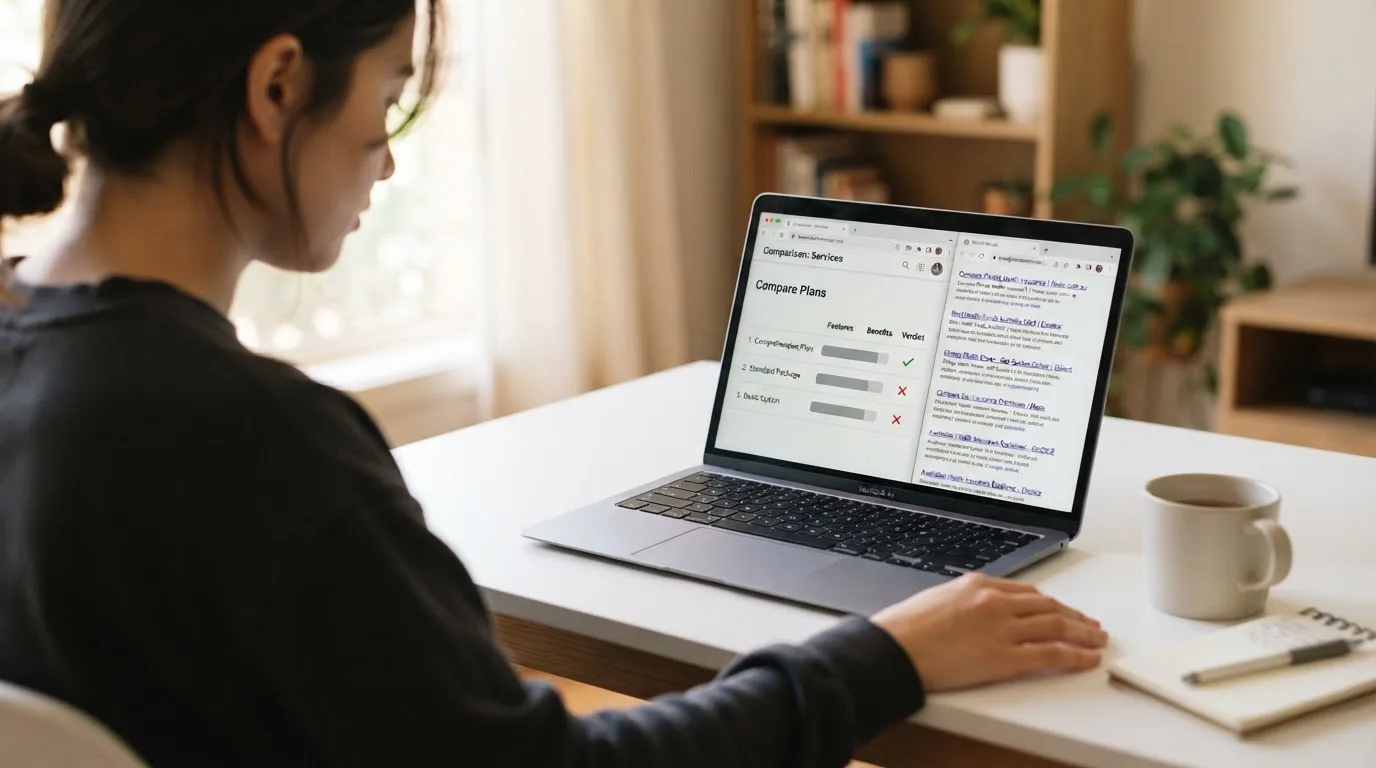 A laptop screen split between two browser tabs, one showing a comparison table and the other a search results page.