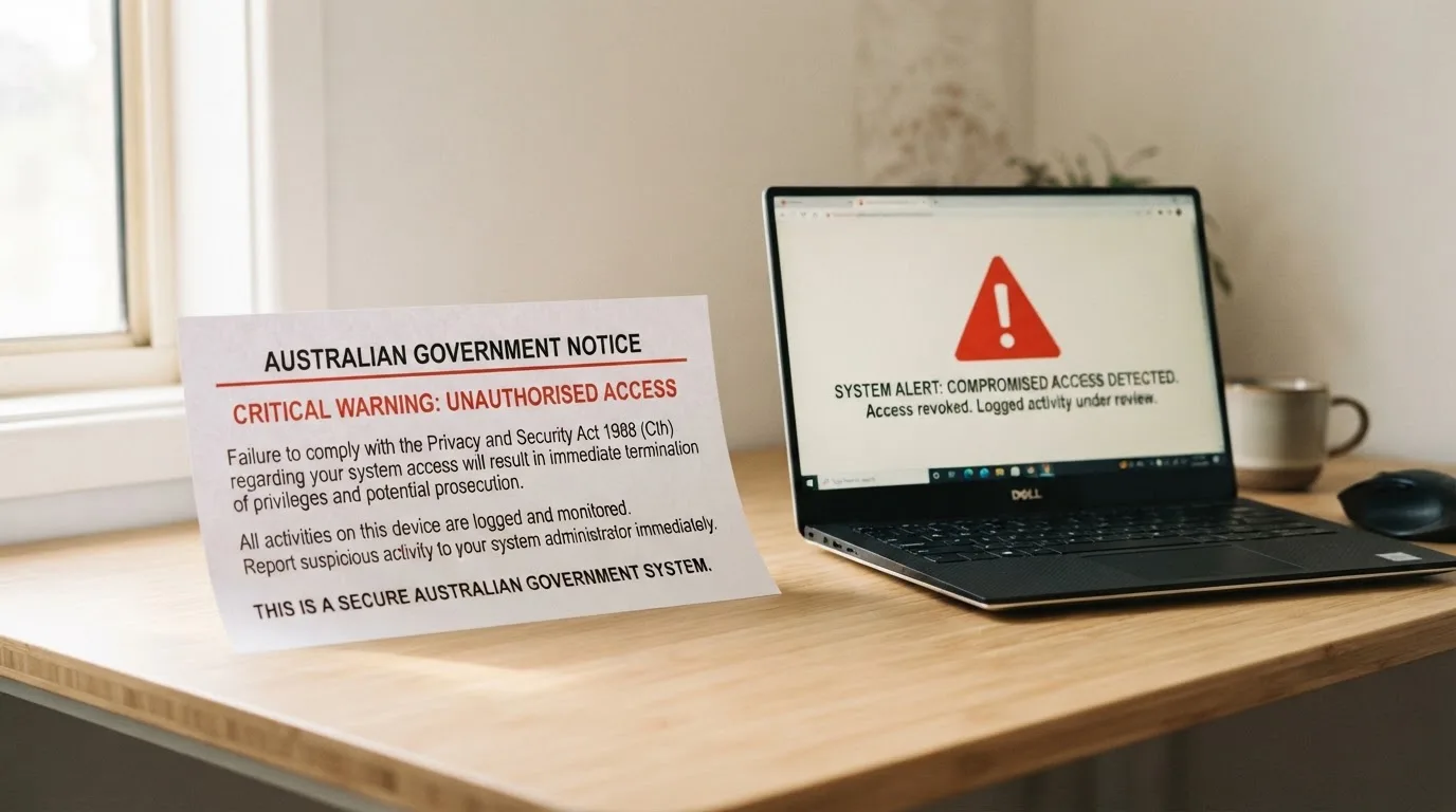 A printed government warning notice on a desk beside a laptop with a red alert icon on the screen.