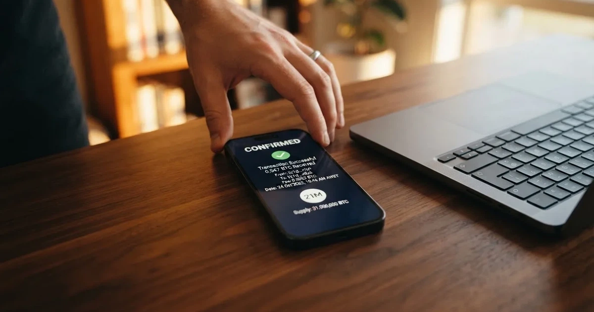A phone displaying a blockchain transaction confirmation screen next to a laptop keyboard.