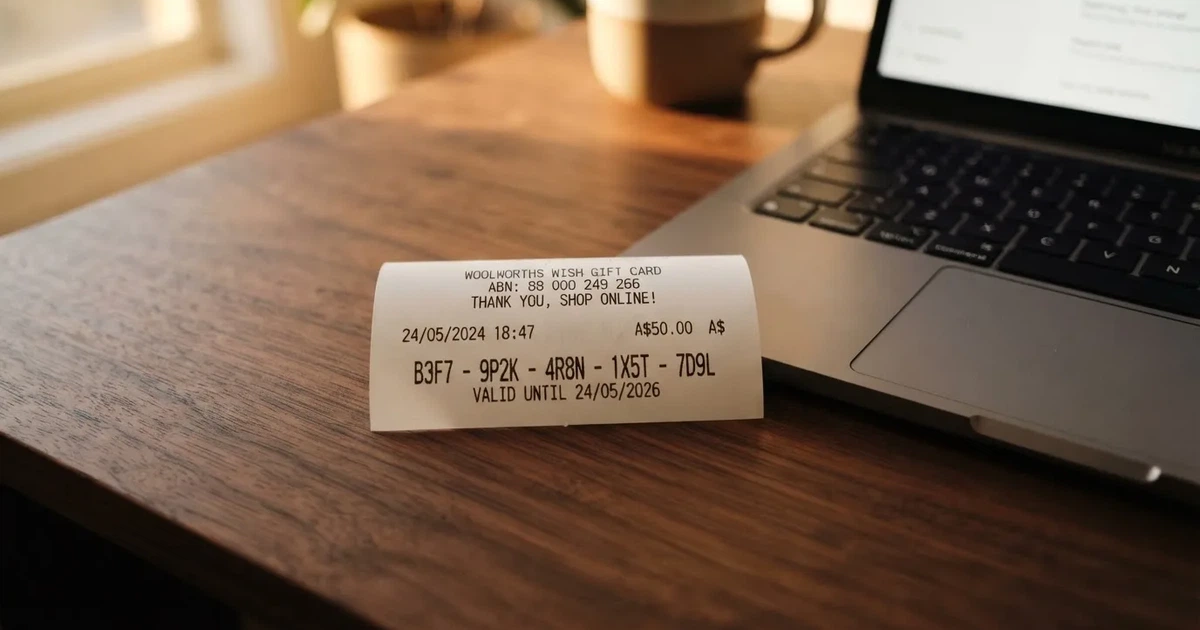 A printed prepaid voucher receipt lying beside a laptop keyboard.