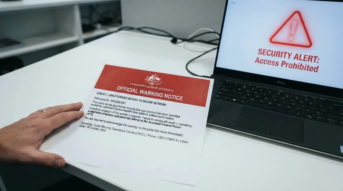A printed government warning notice on a desk beside a laptop with a red alert icon on the screen.