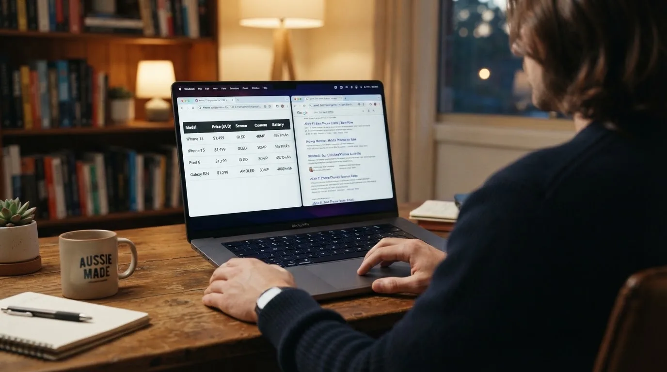 A laptop screen split between two browser tabs, one showing a comparison table and the other a search results page.