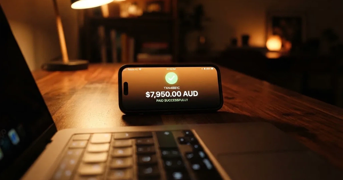 A phone displaying a blockchain transaction confirmation screen next to a laptop keyboard.
