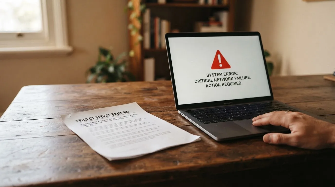 A printed government warning notice on a desk beside a laptop with a red alert icon on the screen.
