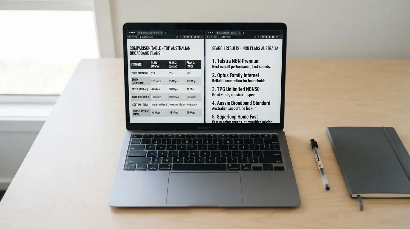 A laptop screen split between two browser tabs, one showing a comparison table and the other a search results page.