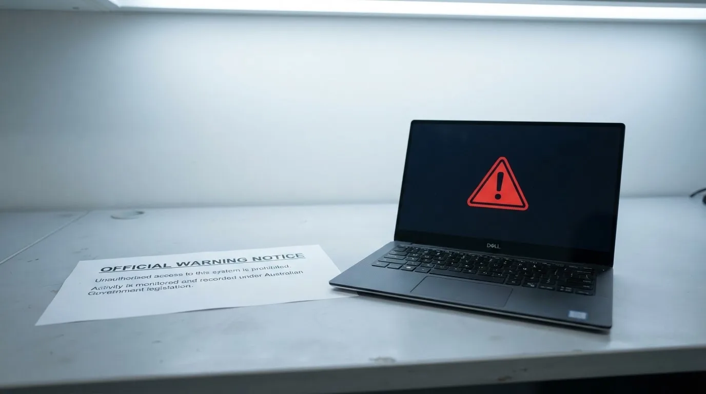 A printed government warning notice on a desk beside a laptop with a red alert icon on the screen.