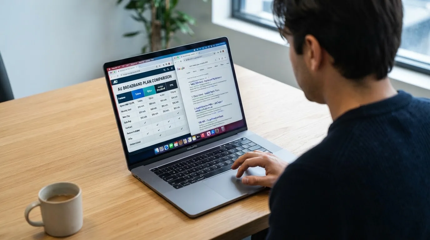 A laptop screen split between two browser tabs, one showing a comparison table and the other a search results page.