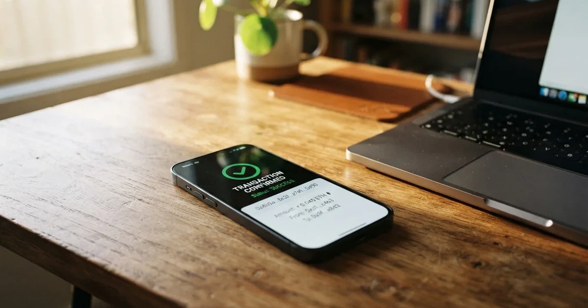 A phone displaying a blockchain transaction confirmation screen next to a laptop keyboard.