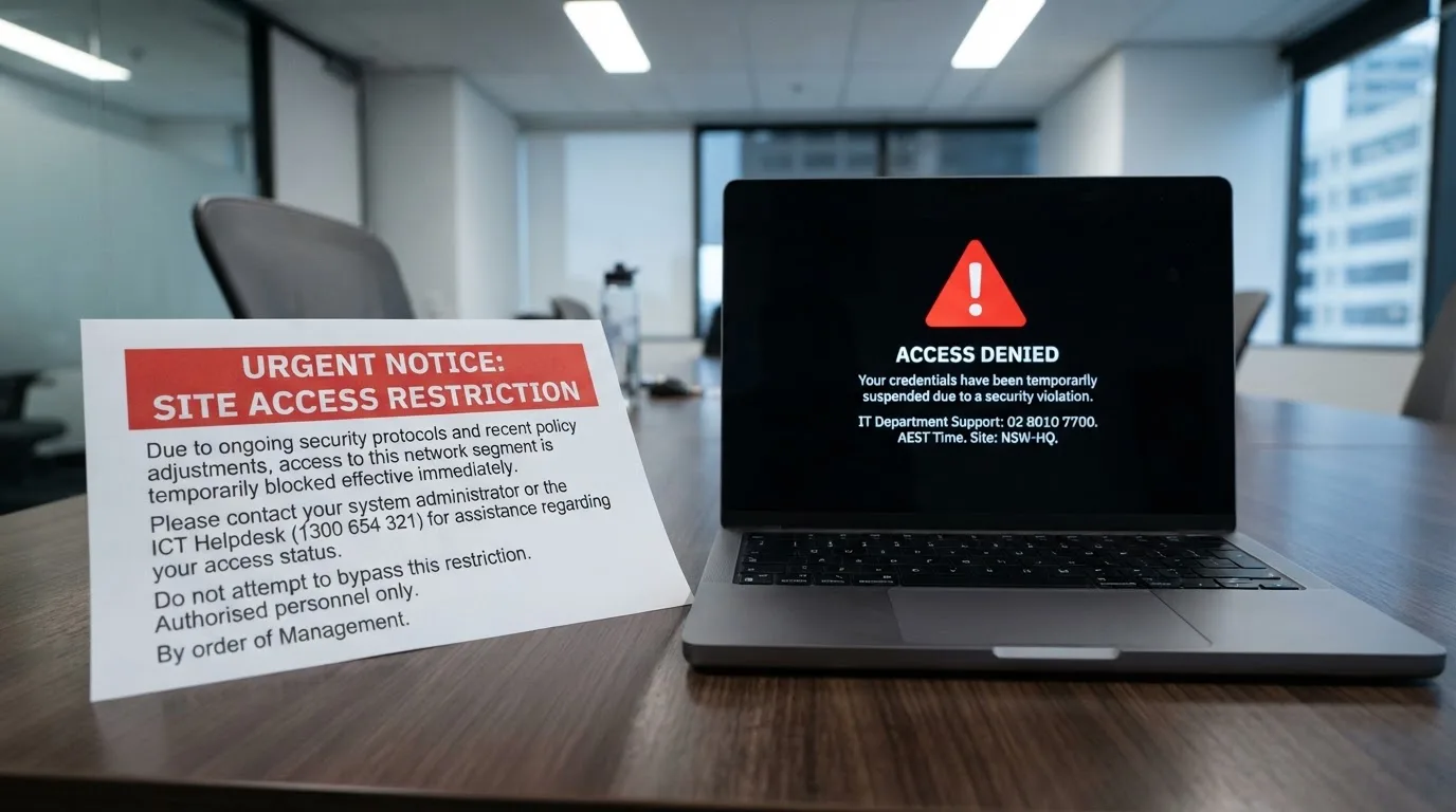A printed government warning notice on a desk beside a laptop with a red alert icon on the screen.