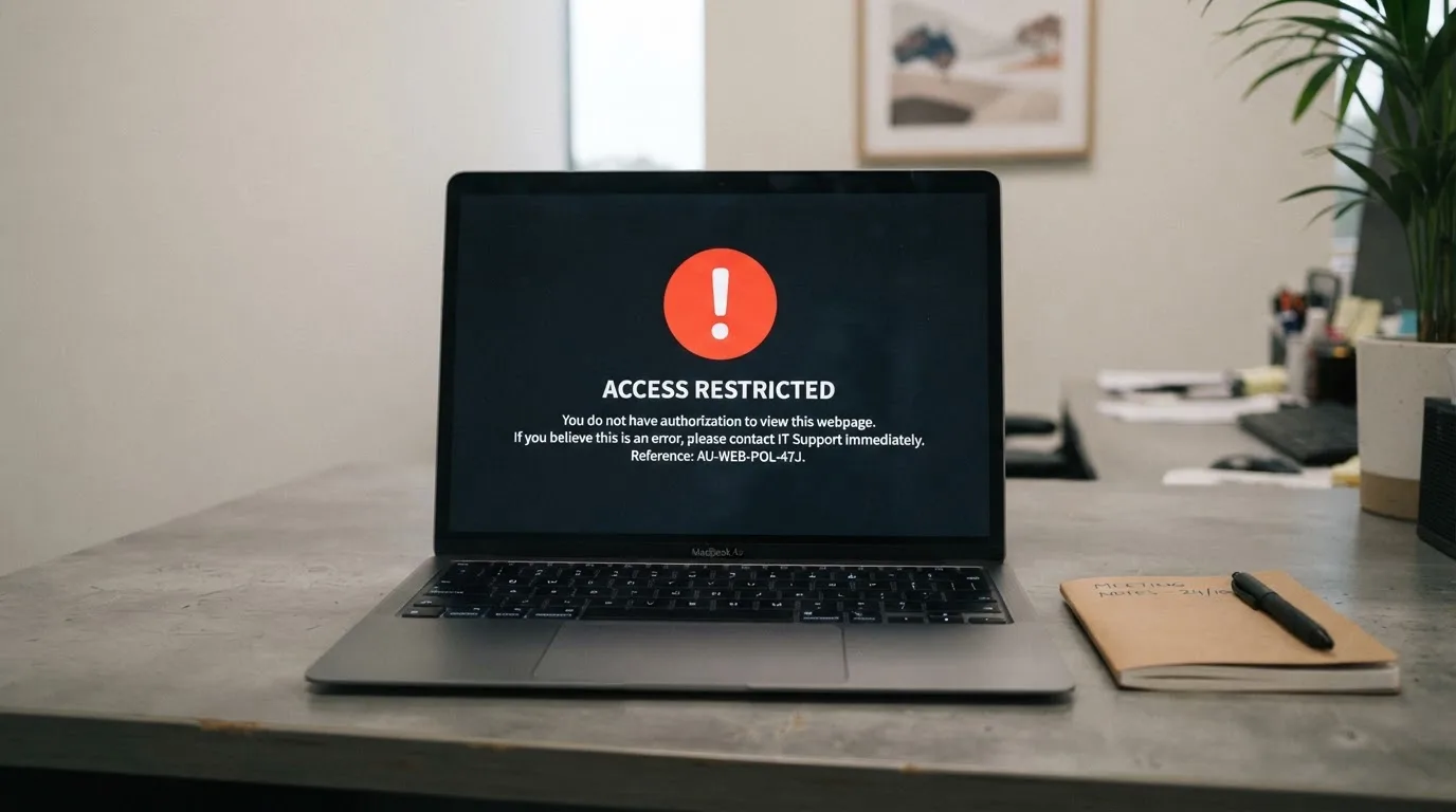 A printed government warning notice on a desk beside a laptop with a red alert icon on the screen.