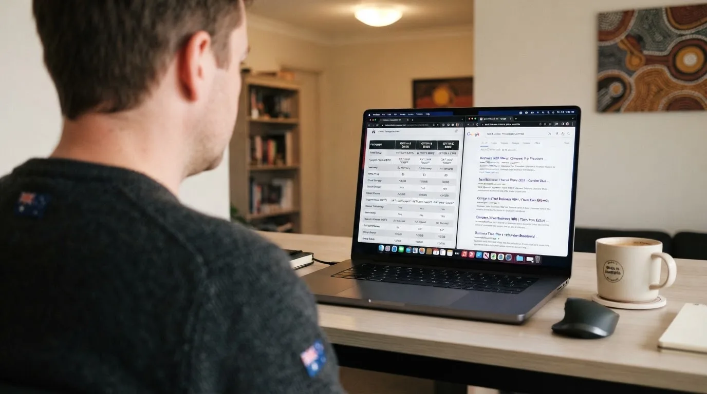 A laptop screen split between two browser tabs, one showing a comparison table and the other a search results page.