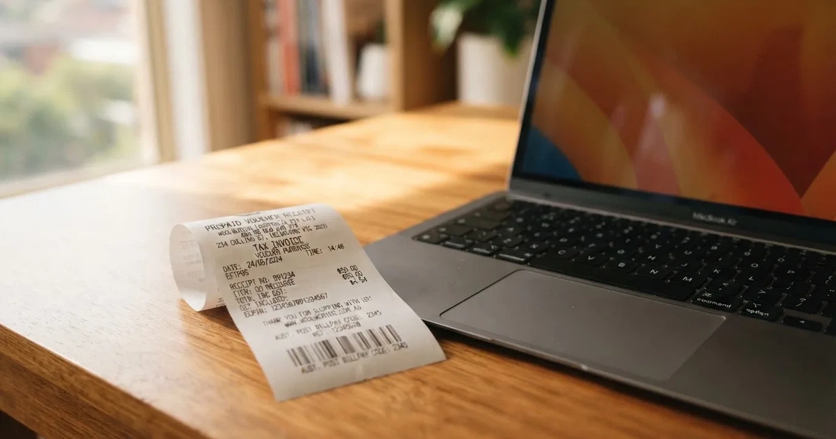 A printed prepaid voucher receipt lying beside a laptop keyboard.