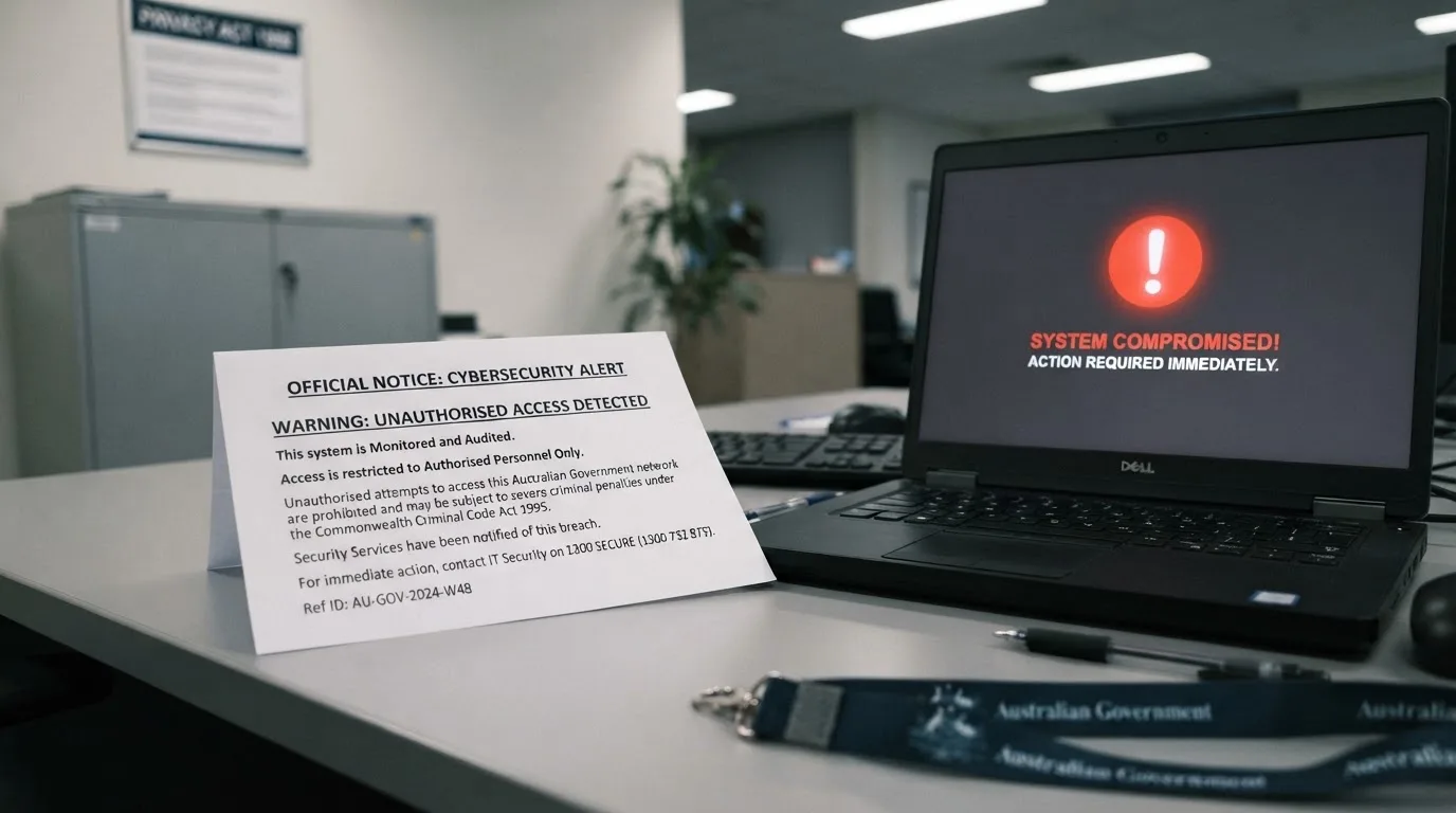 A printed government warning notice on a desk beside a laptop with a red alert icon on the screen.