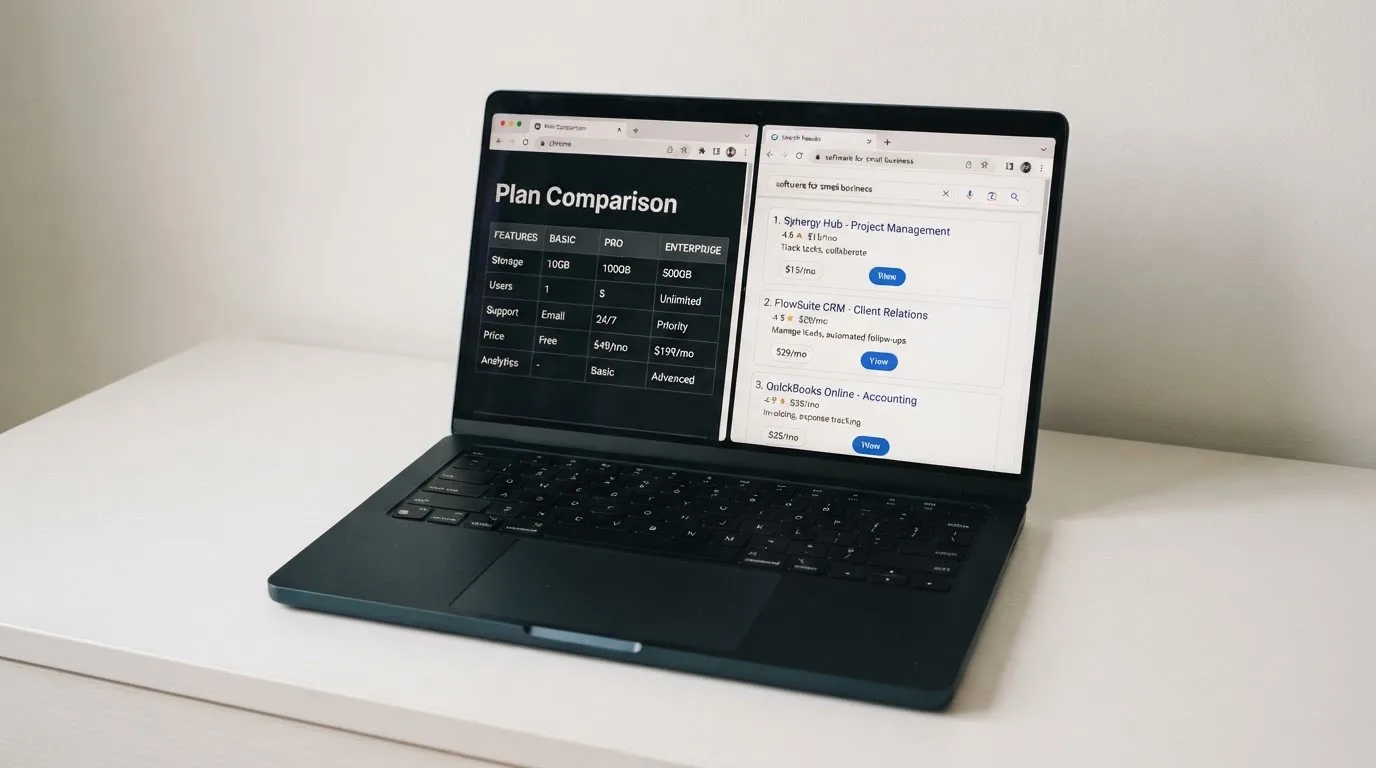 A laptop screen split between two browser tabs, one showing a comparison table and the other a search results page.