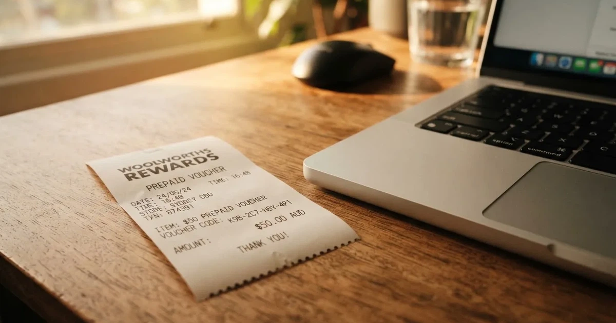 A printed prepaid voucher receipt lying beside a laptop keyboard.