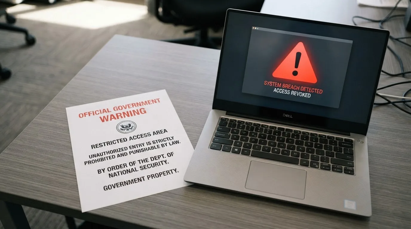 A printed government warning notice on a desk beside a laptop with a red alert icon on the screen.