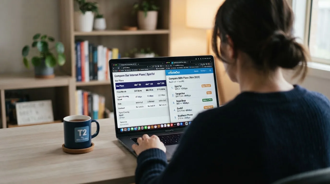 A laptop screen split between two browser tabs, one showing a comparison table and the other a search results page.
