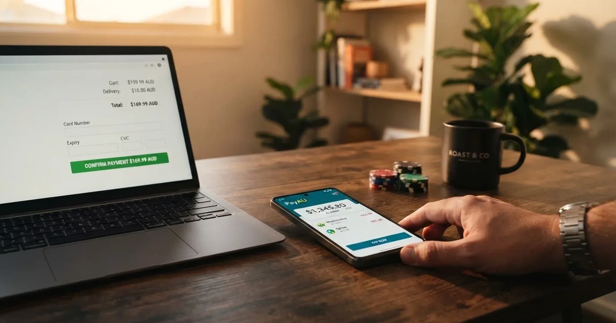 A smartphone screen showing a digital wallet balance next to a laptop cashier page.