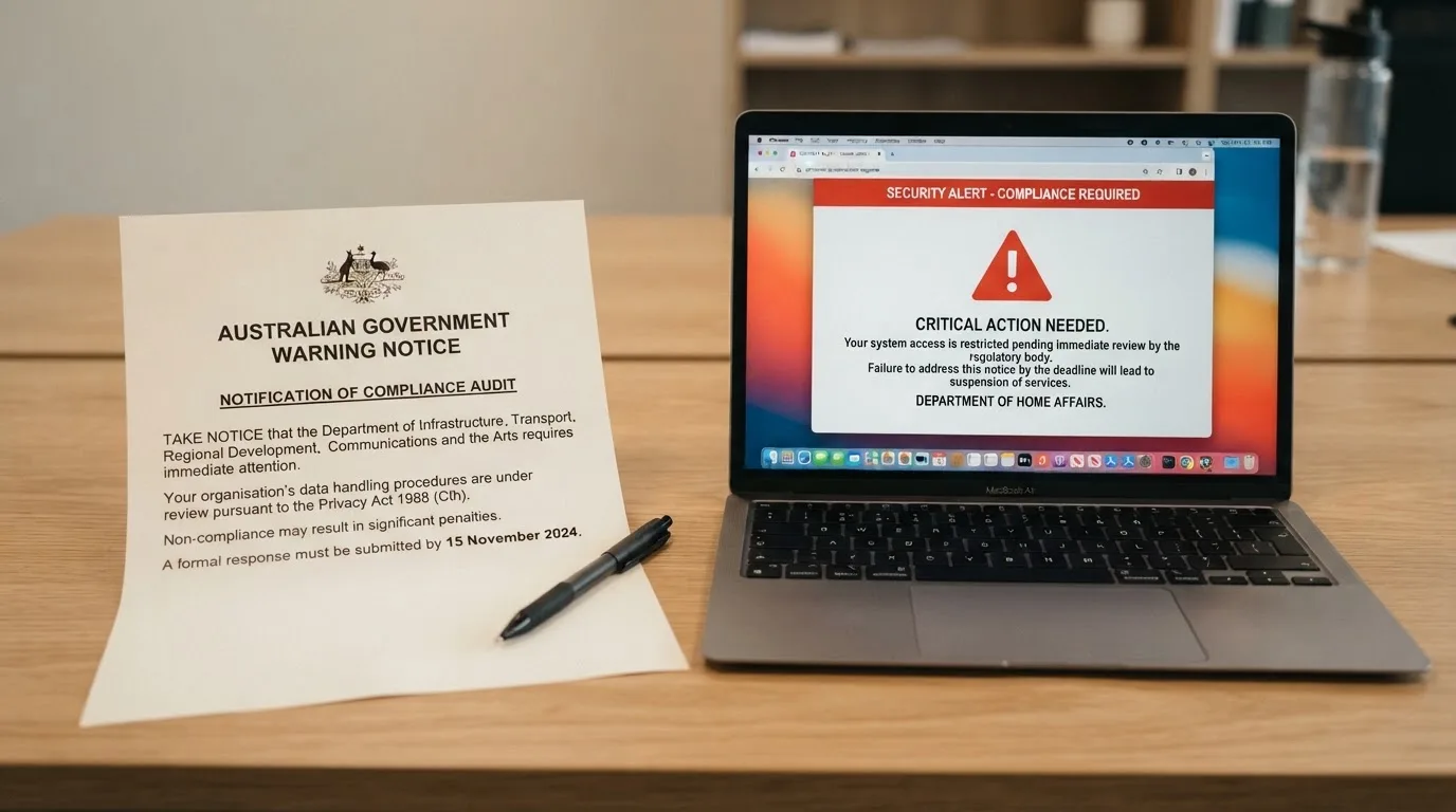A printed government warning notice on a desk beside a laptop with a red alert icon on the screen.