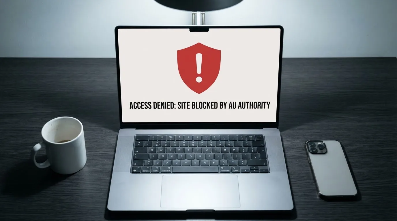 A printed government warning notice on a desk beside a laptop with a red alert icon on the screen.