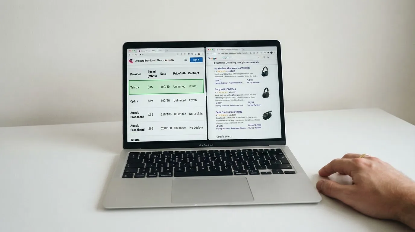 A laptop screen split between two browser tabs, one showing a comparison table and the other a search results page.