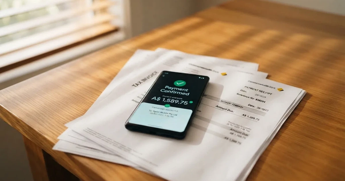 A phone showing a digital wallet balance screen resting on a stack of paperwork.