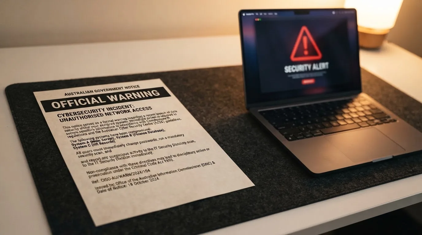 A printed government warning notice on a desk beside a laptop with a red alert icon on the screen.