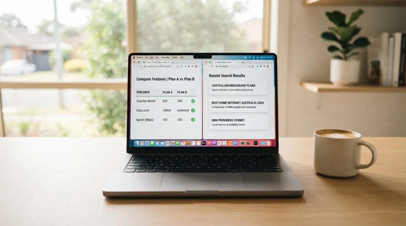 A laptop screen split between two browser tabs, one showing a comparison table and the other a search results page.
