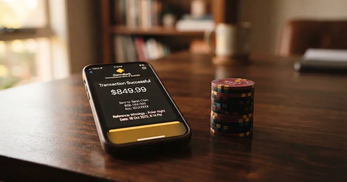 A phone displaying a bank transfer confirmation screen next to a stack of Australian dollar notes.