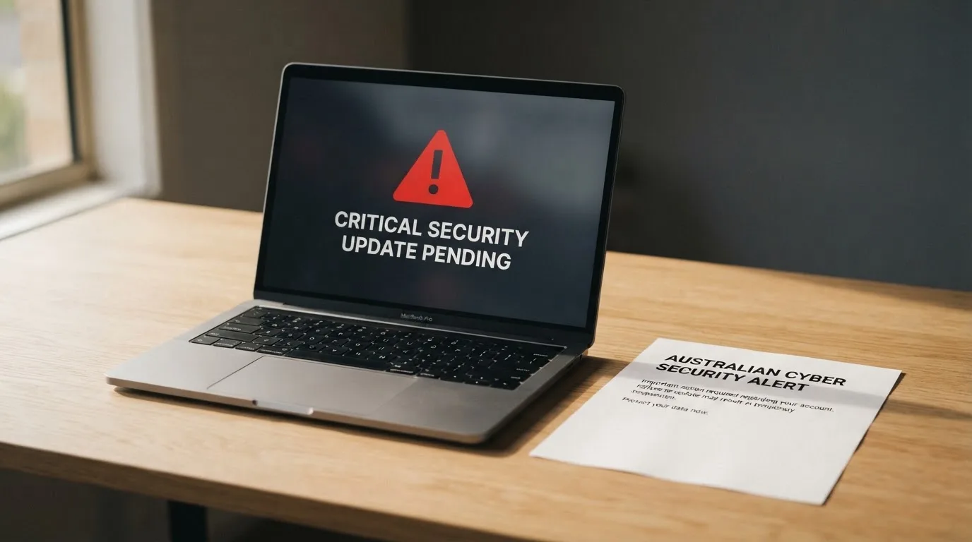 A printed government warning notice on a desk beside a laptop with a red alert icon on the screen.