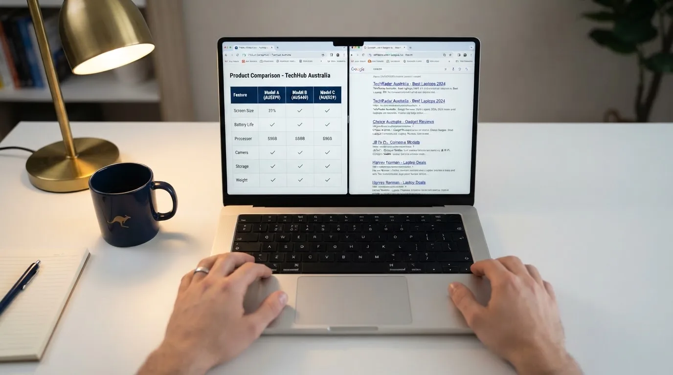 A laptop screen split between two browser tabs, one showing a comparison table and the other a search results page.