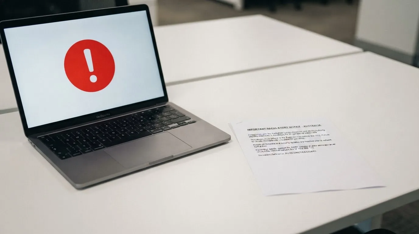 A printed government warning notice on a desk beside a laptop with a red alert icon on the screen.