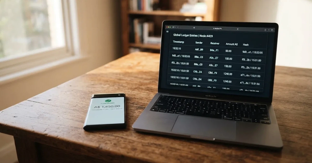 A phone displaying a blockchain transaction confirmation screen next to a laptop keyboard.