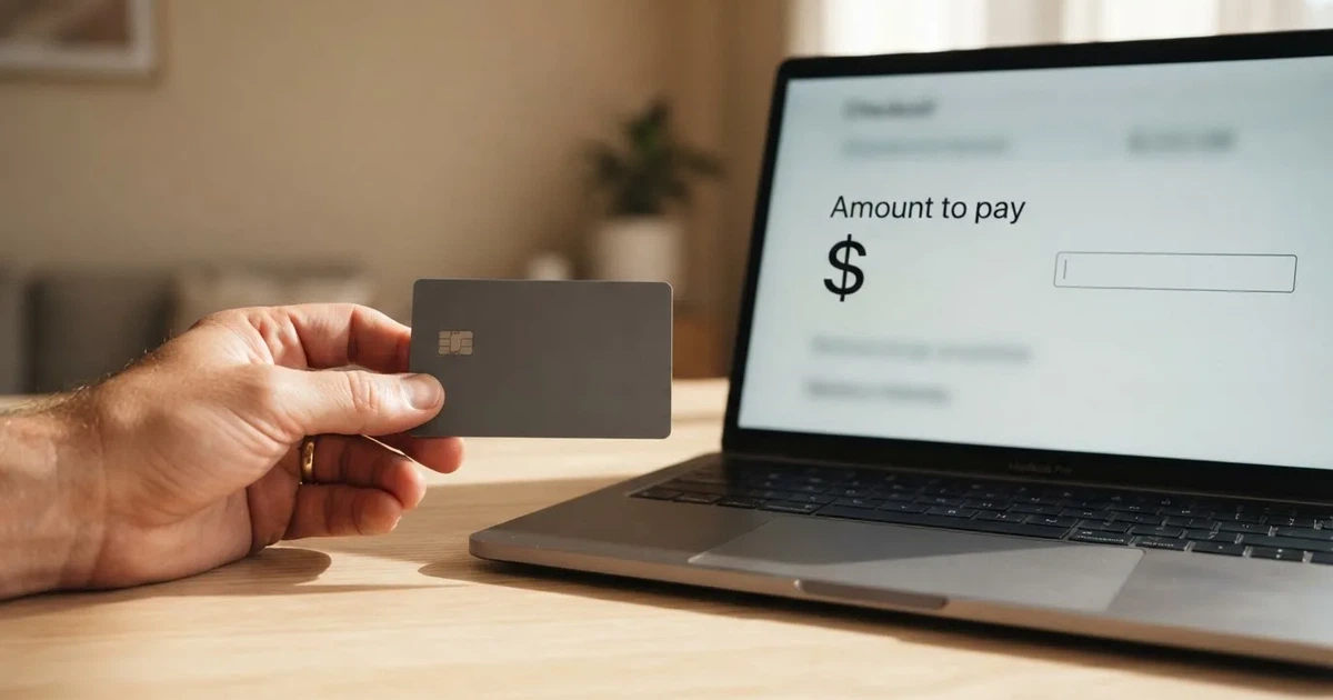 A hand holding a bank card next to a laptop showing an online payment form.