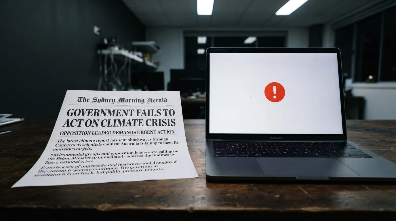 A printed government warning notice on a desk beside a laptop with a red alert icon on the screen.