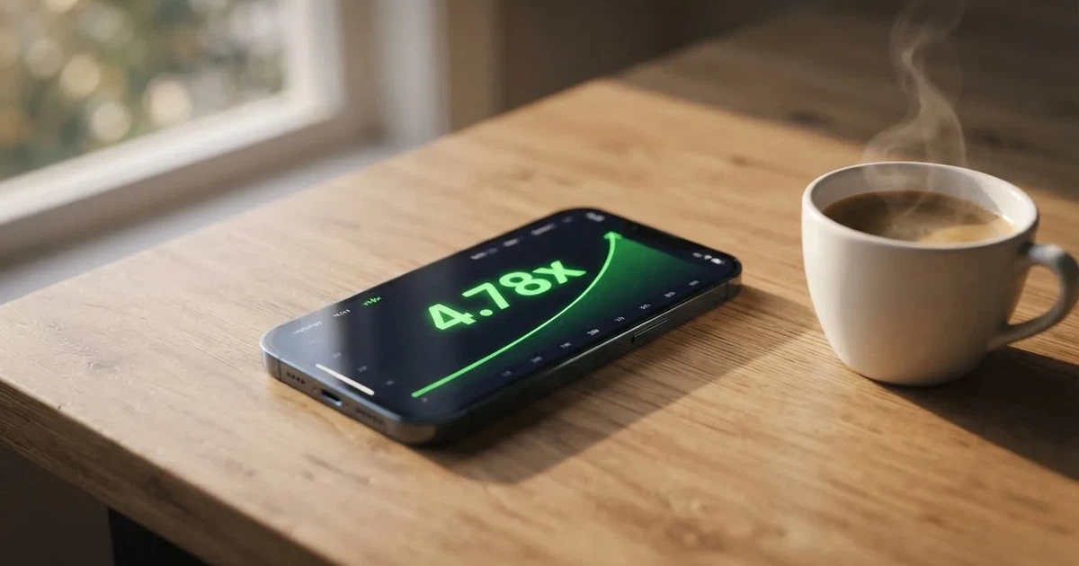 A digital multiplier counter climbing on a phone screen next to a coffee cup.