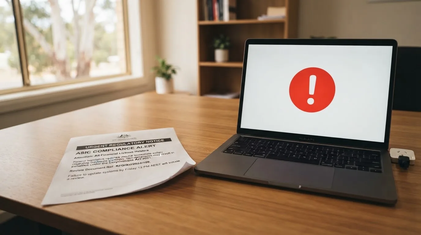 A printed government warning notice on a desk beside a laptop with a red alert icon on the screen.