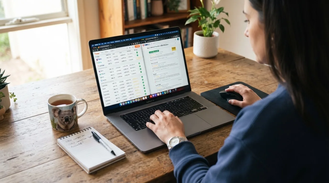 A laptop screen split between two browser tabs, one showing a comparison table and the other a search results page.