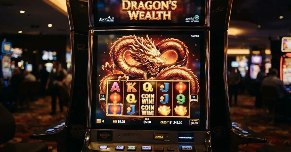 A close-up of a slot reel icon showing a stylised dragon motif on a cabinet screen.