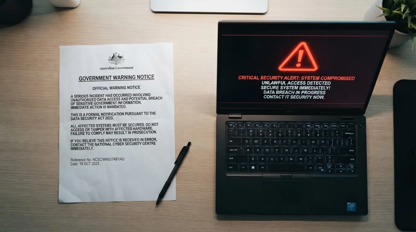 A printed government warning notice on a desk beside a laptop with a red alert icon on the screen.