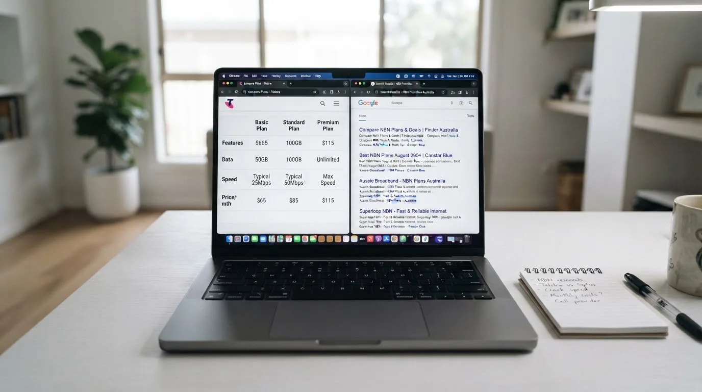A laptop screen split between two browser tabs, one showing a comparison table and the other a search results page.