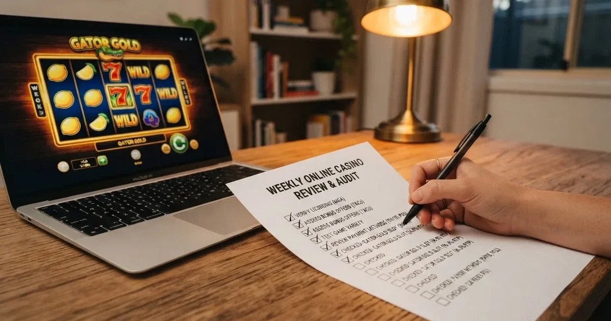 A hand ticking off boxes on a printed checklist next to a laptop.