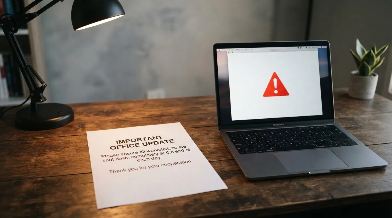A printed government warning notice on a desk beside a laptop with a red alert icon on the screen.