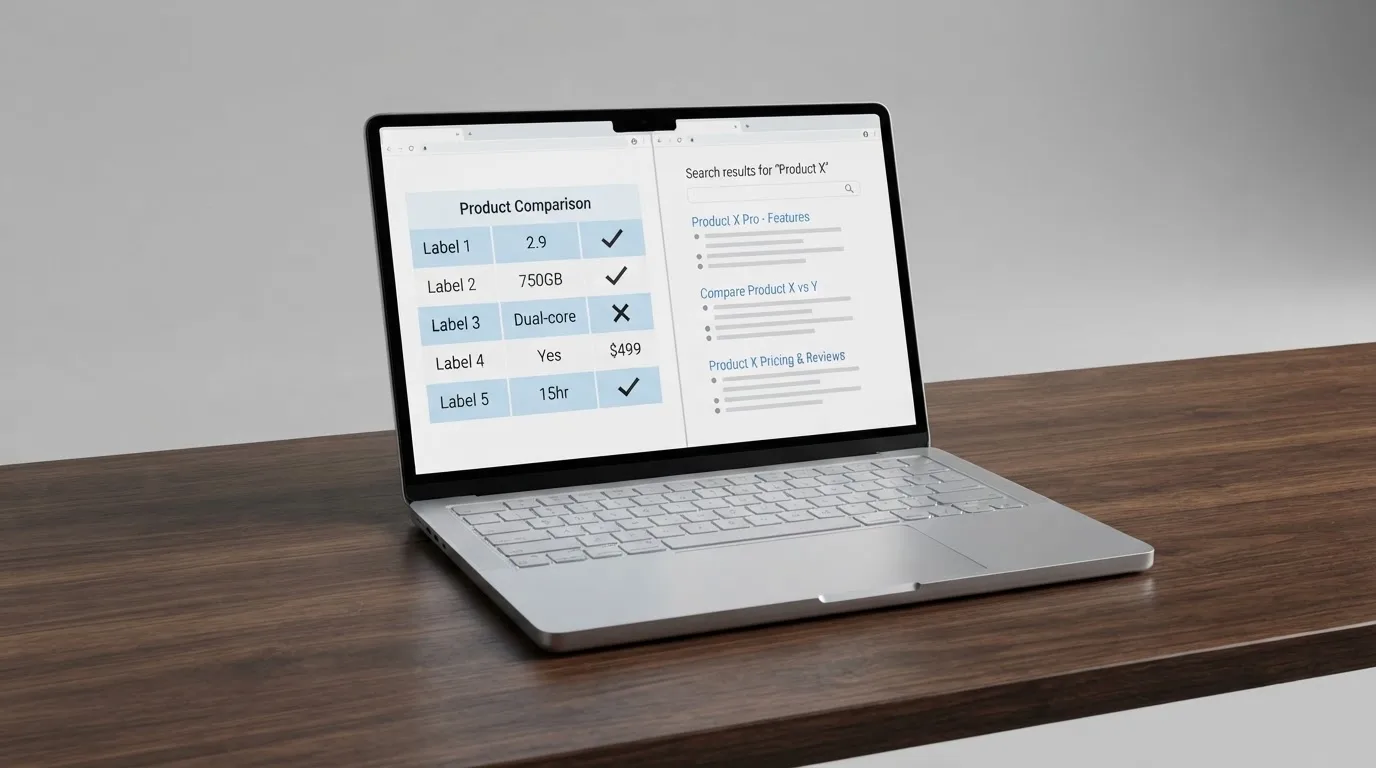 A laptop screen split between two browser tabs, one showing a comparison table and the other a search results page.