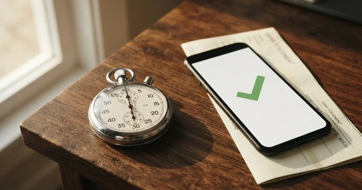 A stopwatch sitting on top of a bank statement next to a laptop keyboard.