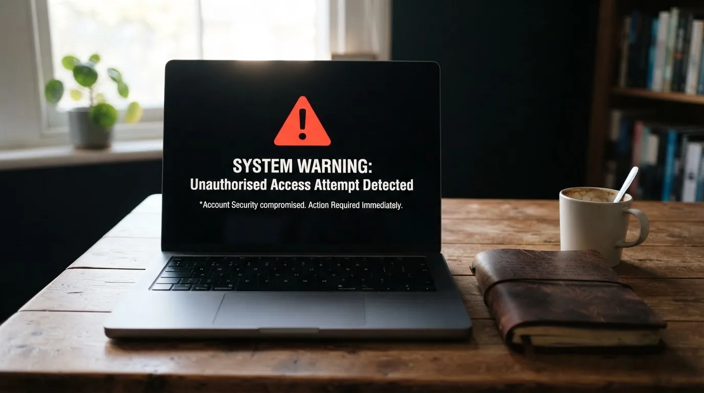 A printed government warning notice on a desk beside a laptop with a red alert icon on the screen.