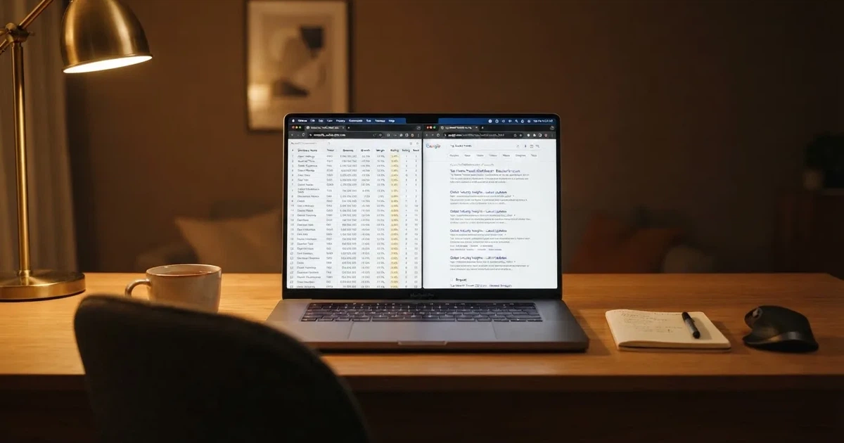 A laptop screen split between two browser tabs, one showing a comparison table and the other a search results page.