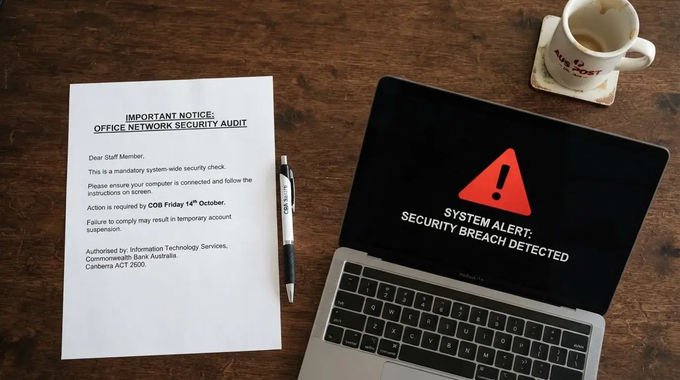 A printed government warning notice on a desk beside a laptop with a red alert icon on the screen.
