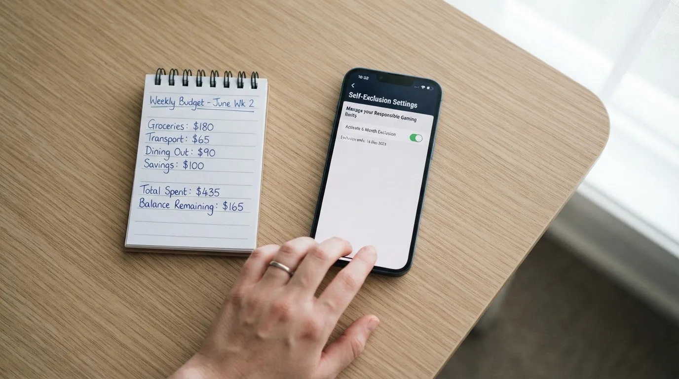 A phone showing a self-exclusion settings screen next to a notepad with a weekly budget written on it.