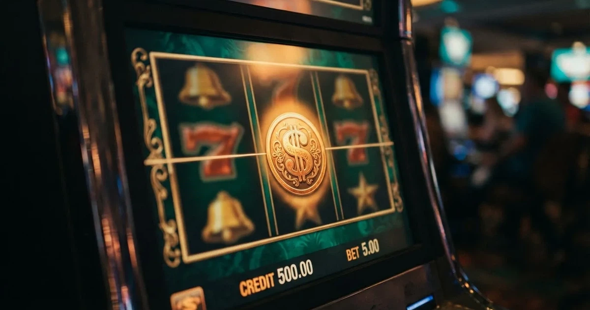 A close-up of a slot reel icon with a stylised gold coin motif on a screen.